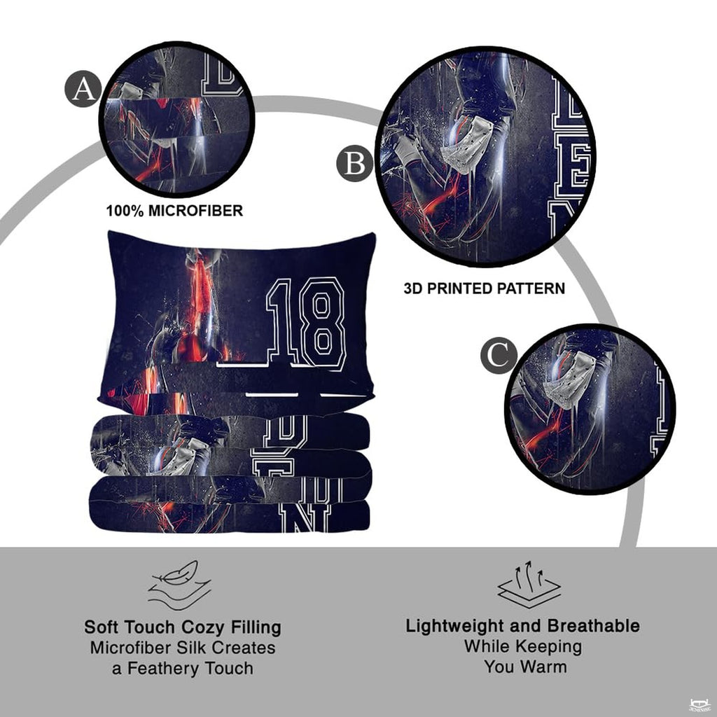 Sport bed cover set highlighted by energetic football graphic art with electric accents on deep navy blue.
