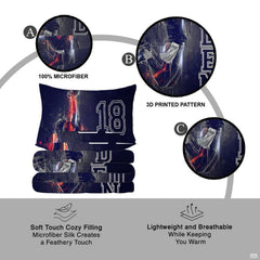Sport bed cover set highlighted by energetic football graphic art with electric accents on deep navy blue.