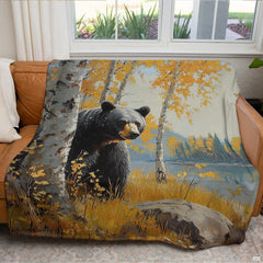 Artistic oil painted black bear artwork on a bear crib bedding set highlighting thematic accent ocher and amber forest tones.
