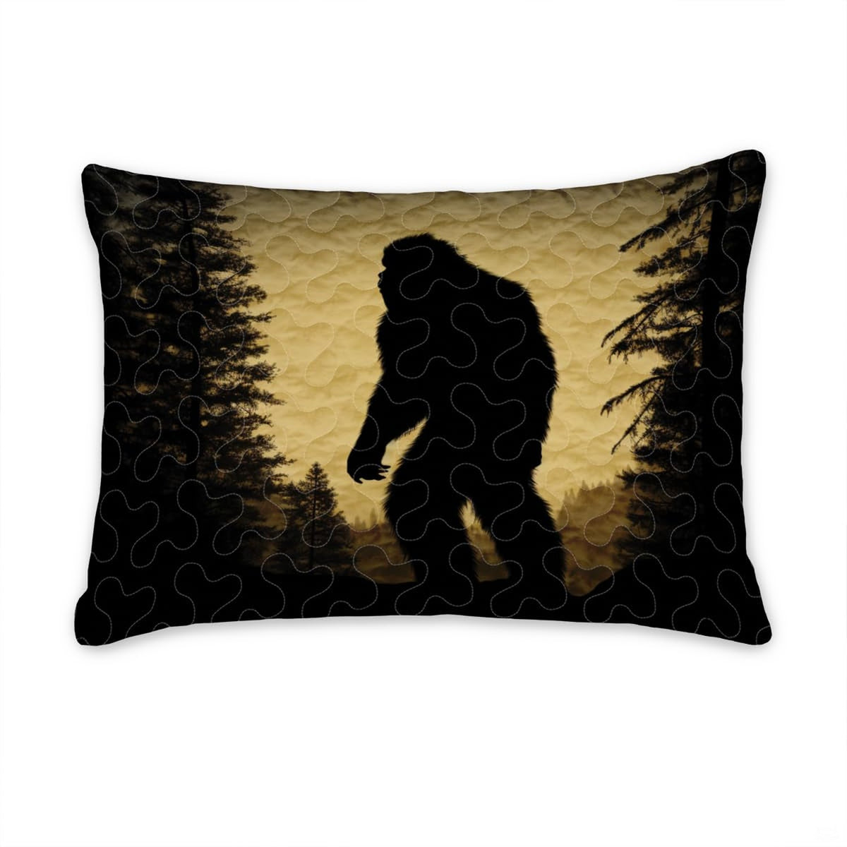 Matching pillowcase detail for woodland bedding set featuring coordinating vintage mustard Bigfoot artwork