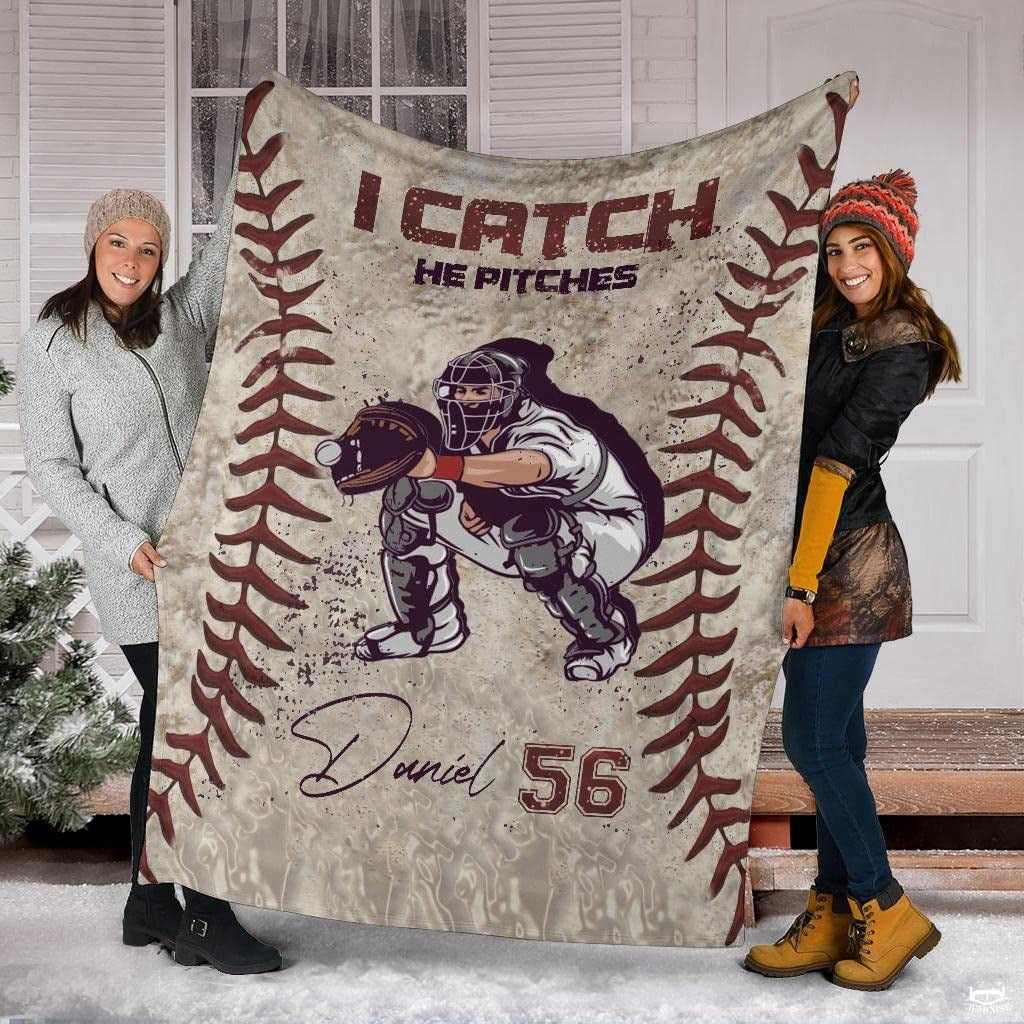 Custom Name Catcher Batter Baseball Baseball Throw, Baseball Blanket Gift Baseball Bedding Gift for Adult, Christmas New Years Gift for Baseball Player, Pitcher Gift (Baseball Design 17)