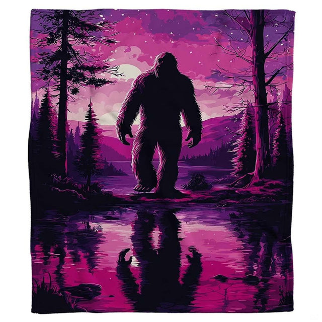 Bigfoot Sasquatch reflected on calm lake waters under violet twilight, view 2.
