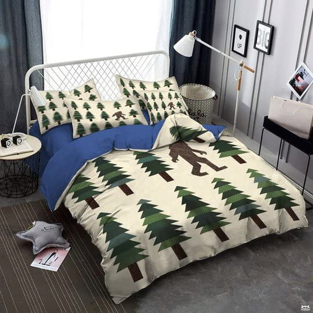 Close-up perspective of Bigfoot bedding showing detailed textured patterns on geometric pine trees