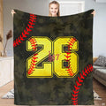 Baseball themed sports graphic showing bold yellow jersey numbers and red seams on green camouflage.