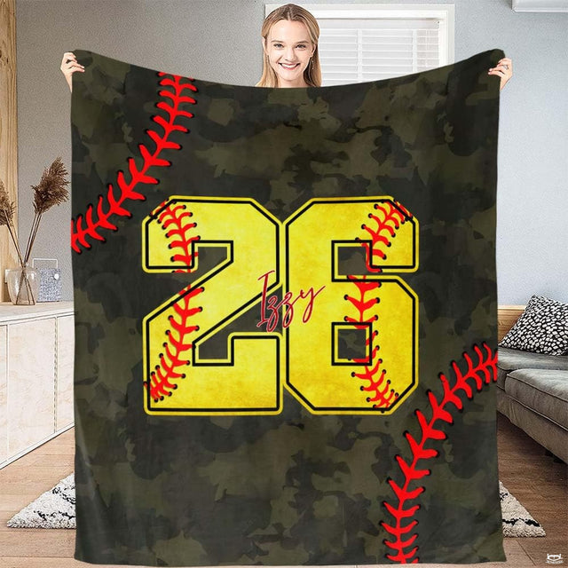 Baseball themed sports graphic showing bold yellow jersey numbers and red seams on green camouflage.