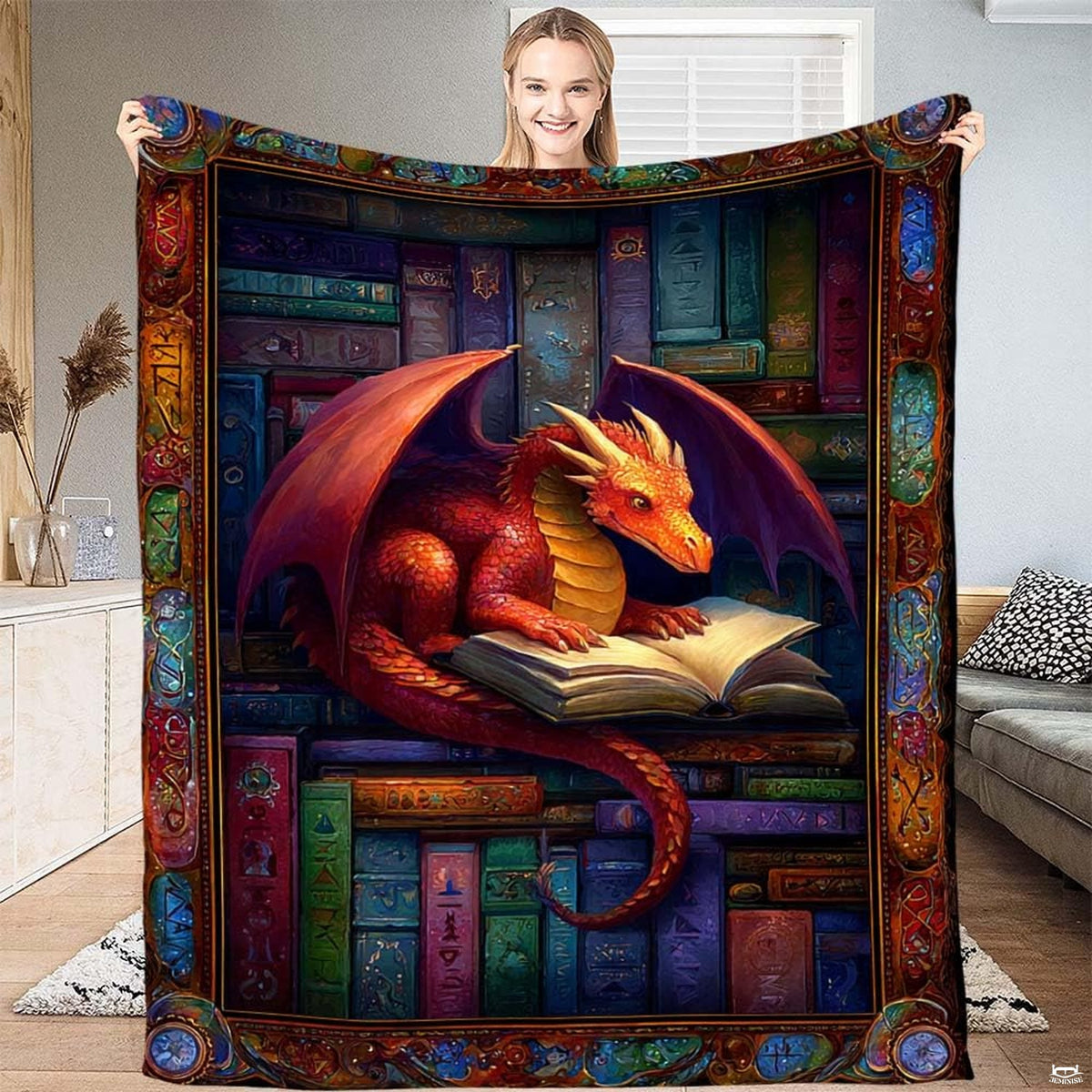 Fantasy dragon reading on antique book stacks inside a jeweled stained glass frame throw blanket