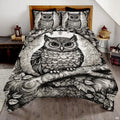 Dove ivory barn owl woodland wildlife bedding set displayed neatly on a bed in a serene bedroom