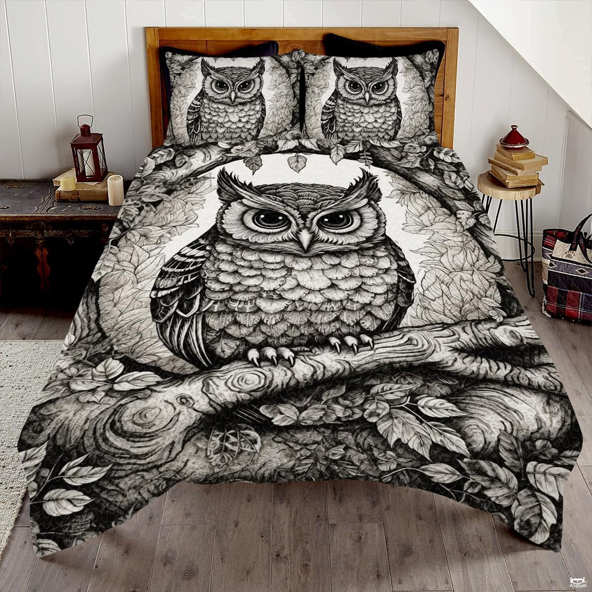Dove ivory barn owl woodland wildlife bedding set displayed neatly on a bed in a serene bedroom