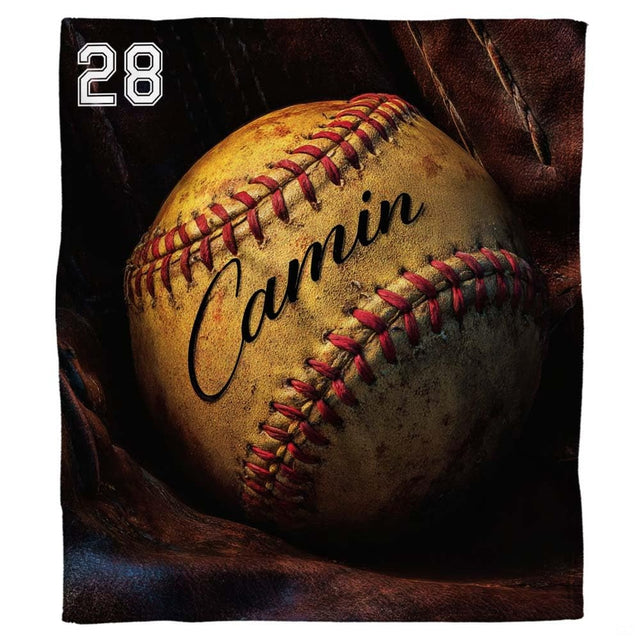 Vintage softball in glove athletic game ball blanket with red laces