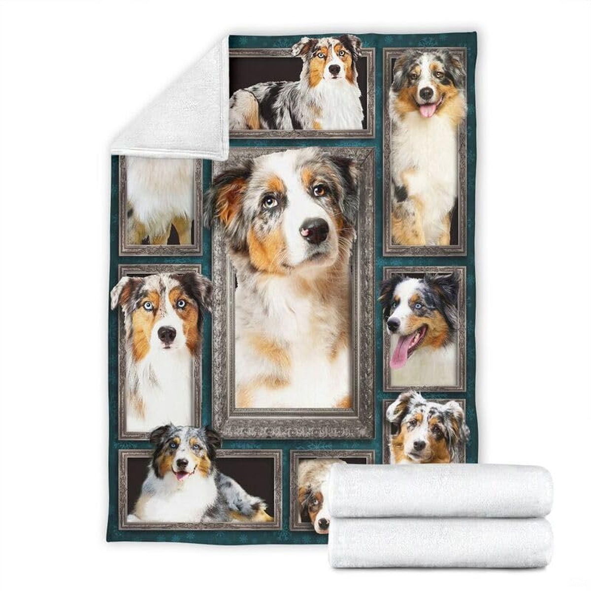 Folded corner and rolled layout of the Australian Shepherd blanket showing the white reverse side.