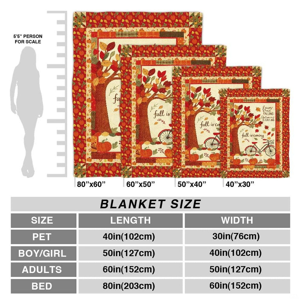 Autumn harvest bicycle throw blanket view 4 highlighting countryside artwork, pumpkins, and rustic border