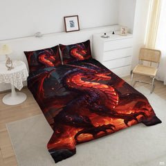 Top angle view of fiery dragon fantasy bedding highlighting vivid red wings and starlight cosmic artwork.