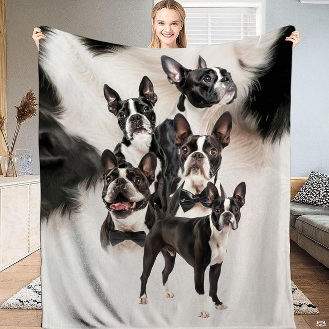 Composite bed set displaying photorealistic Boston Terrier puppies in black bow thematic accent.