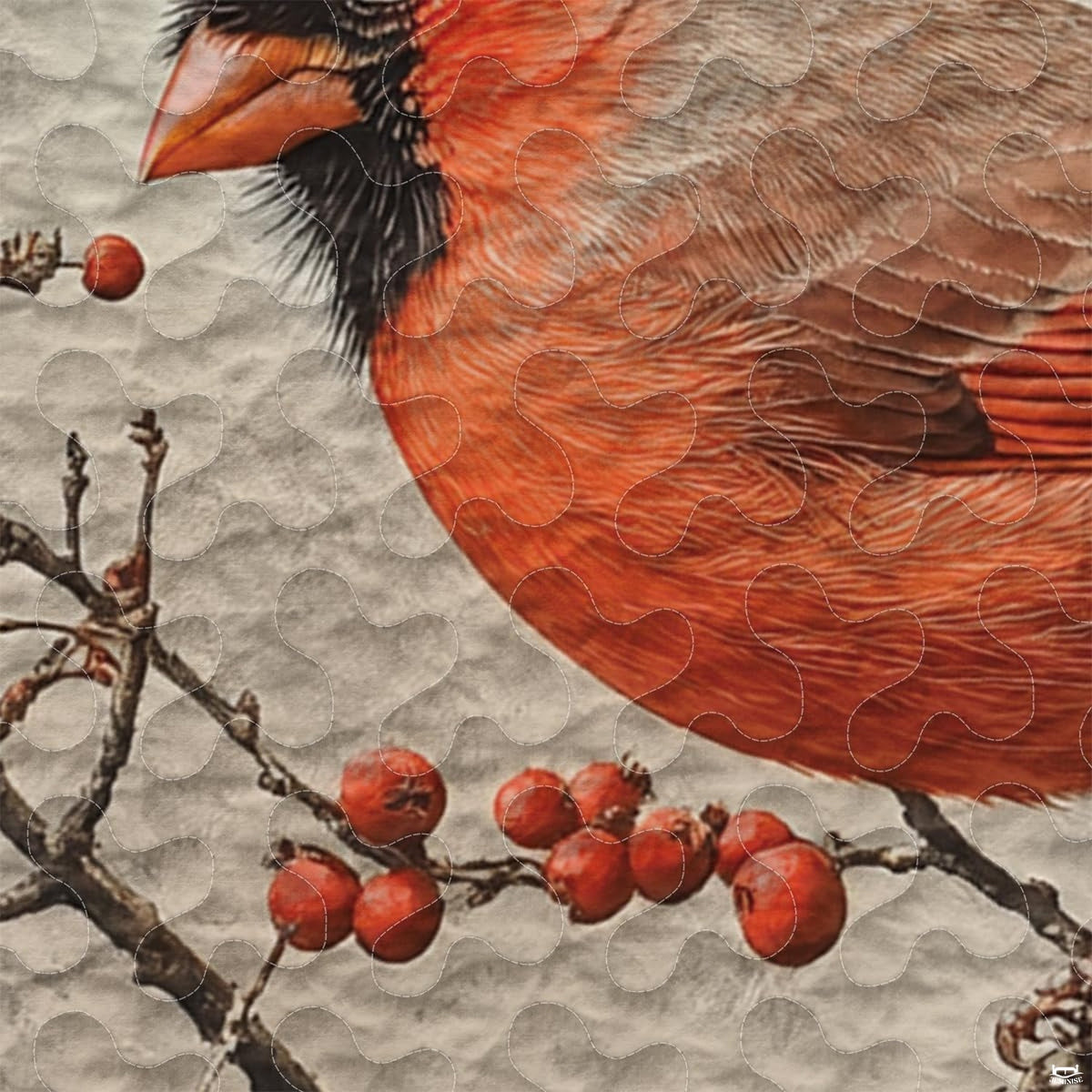 Close-up of naturalist illustration featuring a red cardinal perched on berry branches on bedding.