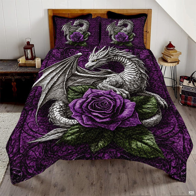 Silver dragon and purple rose artwork displayed across a dark purple bed