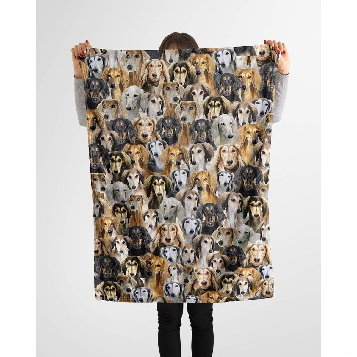 Repeating dog portrait artwork in rich neutral beige, brown, and black shades.