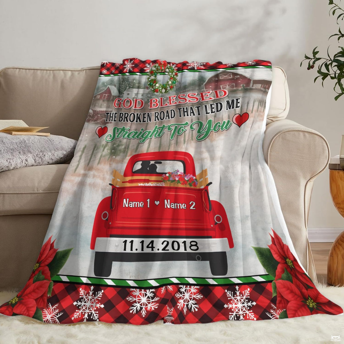Detailed view of vintage pickup and colorful flowers framed by winter holiday motifs.