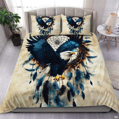 Southwestern native bald eagle feathers bedding set displayed neatly on a bed in a rustic lodge bedroom
