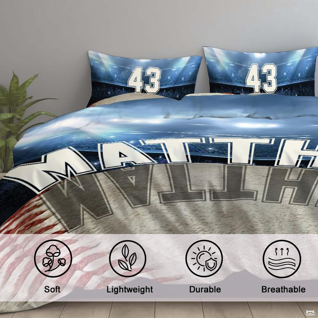 Matching pillow sham graphic featuring athletic jersey numbering over stadium spotlights.