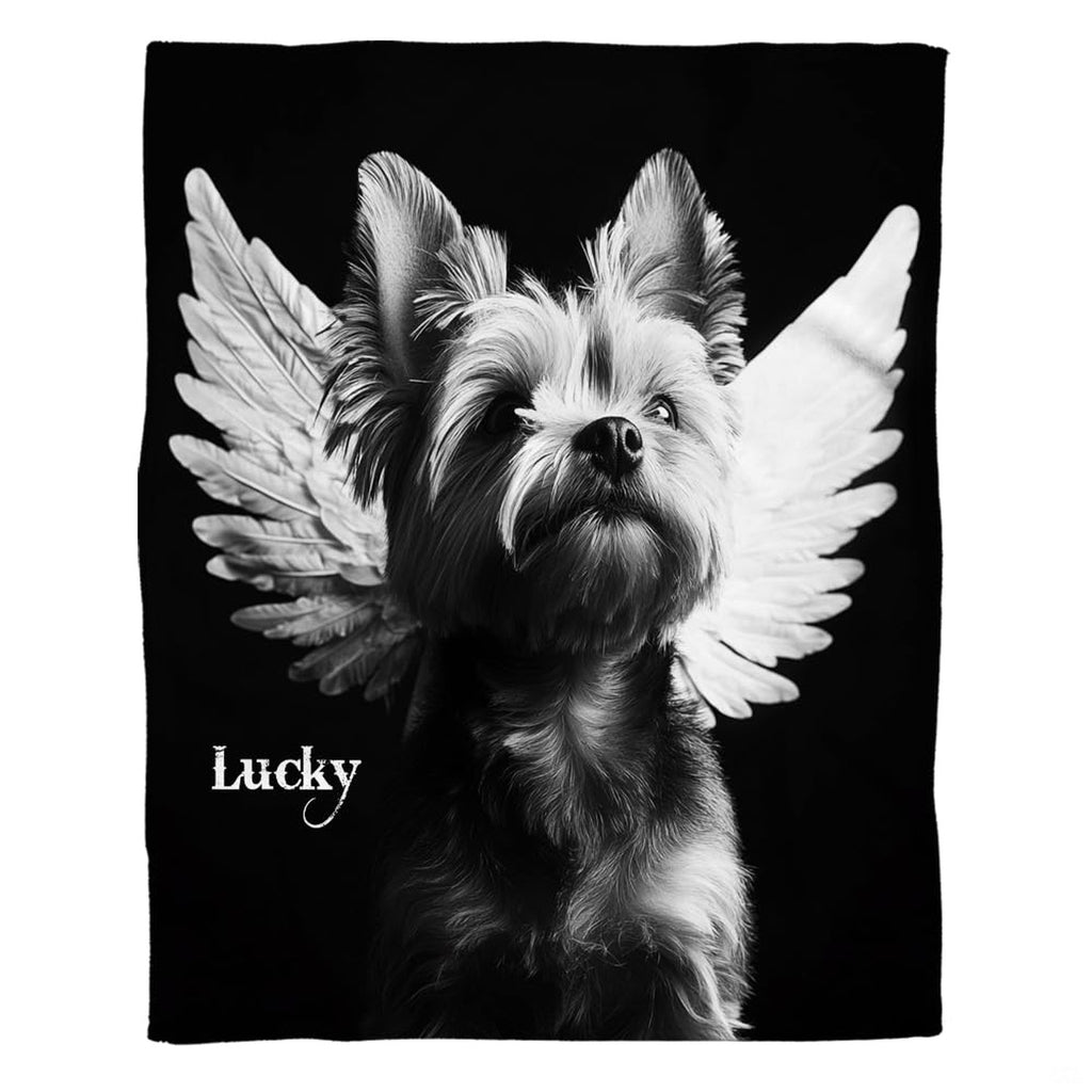 Yorkshire terrier angel wing bedding set featuring monochromatic pet memorial artwork on dark backdrop.