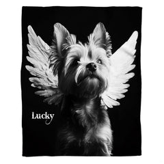 Yorkshire terrier angel wing bedding set featuring monochromatic pet memorial artwork on dark backdrop.