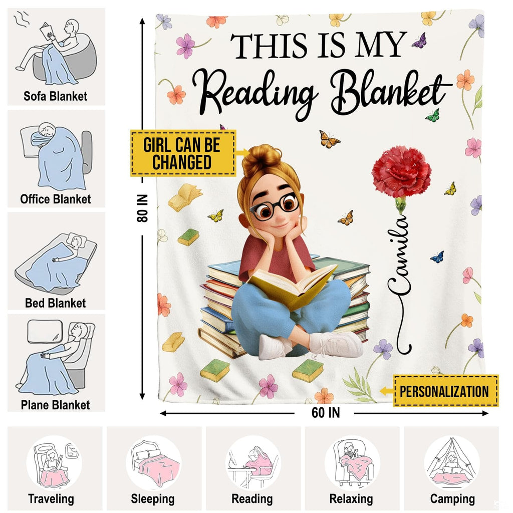 Measurement sizing chart for the carnation reader girl throw blanket presenting available dimension choices.
