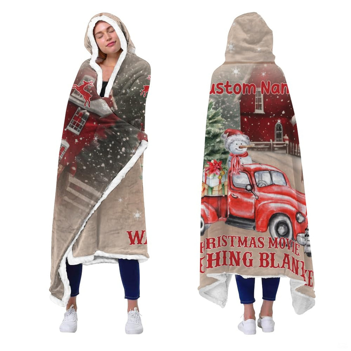 Close up illustration of a vintage red truck surrounded by falling white snowflakes and red barns.