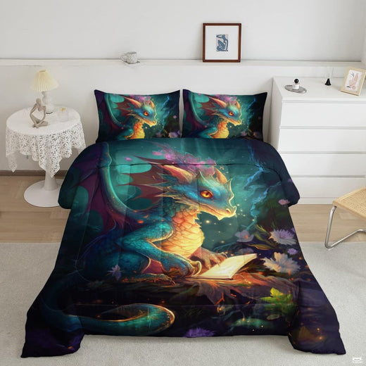 Emerald green dragon galaxy bedding set showing a mythical winged beast soaring through cosmic jade and gold nebulae.