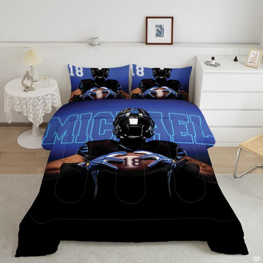 American football bedding featuring an armored player holding a football against a royal blue and black backdrop