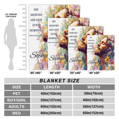 Size proportion chart illustrating available dimensions of the Christian throw blanket.