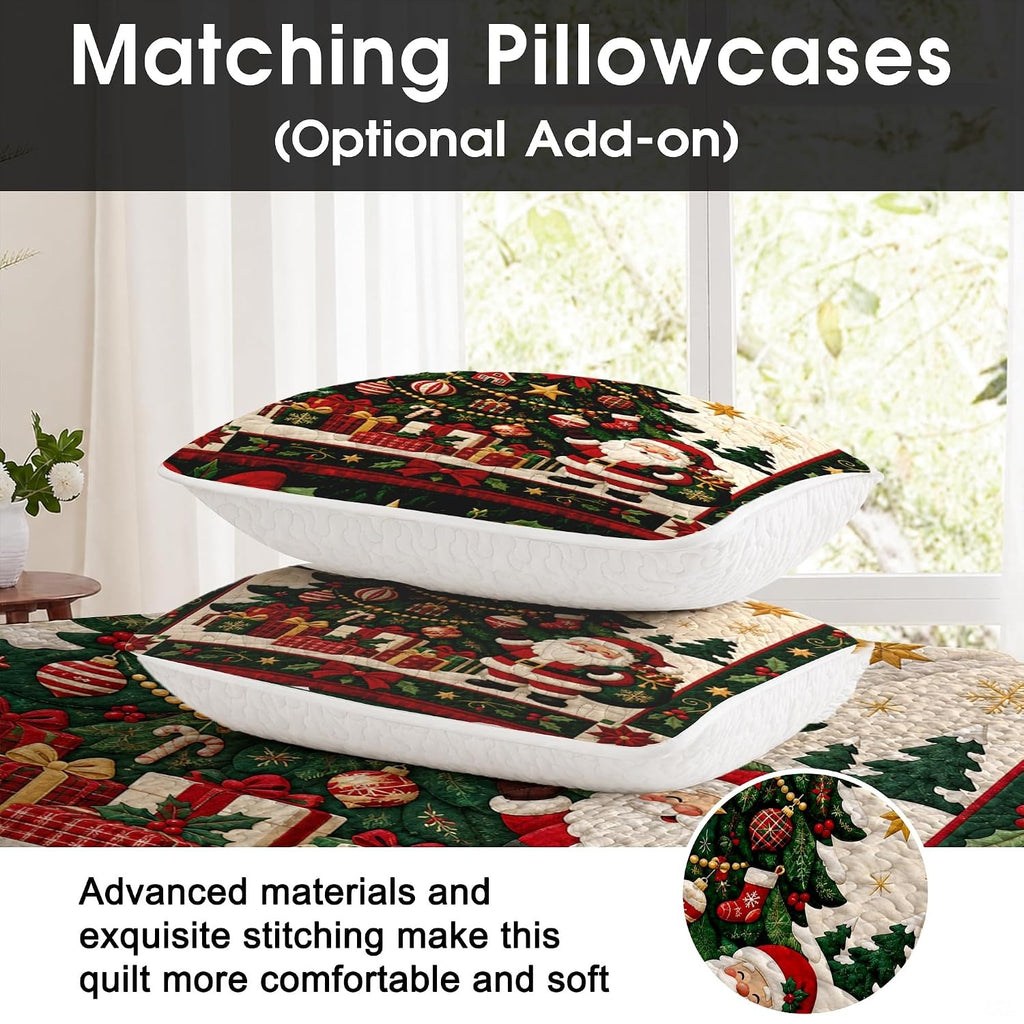 Festive holiday bedroom decor displaying Santa Claus bed sheets with colorful wrapped gifts.