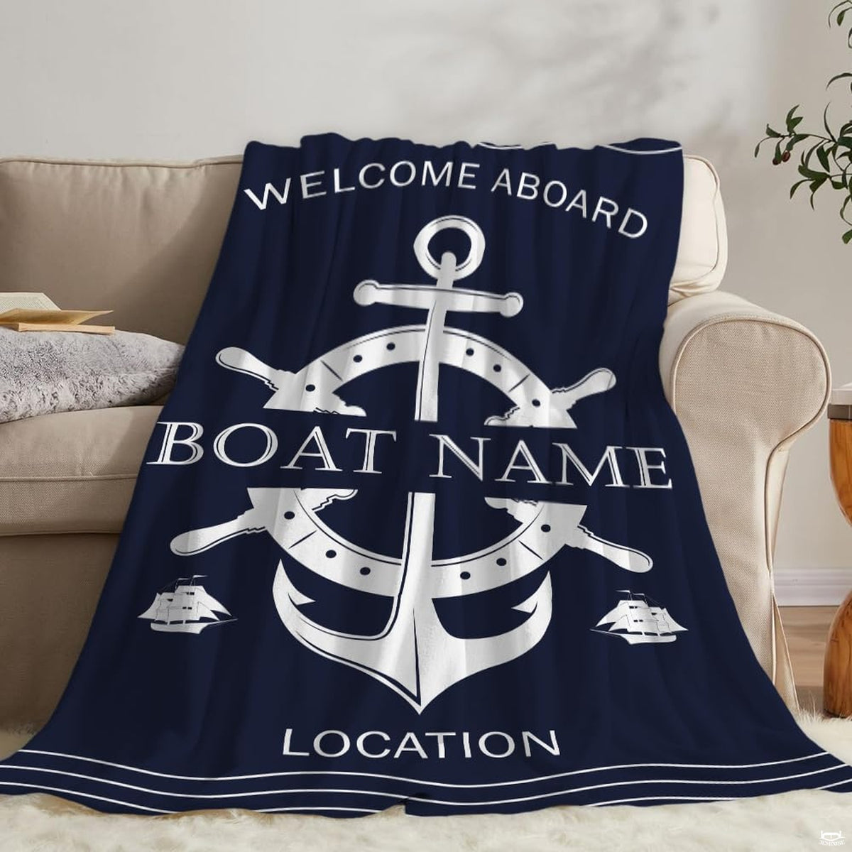 Nautical ship wheel and anchor maritime illustration on deep navy, view 2.