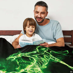 Neon soccer player graphic drape arranged across living room sofa