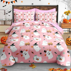 Pamnest Twin Halloween Comforter Set with Sheets, 5 Pieces Pink Bedding