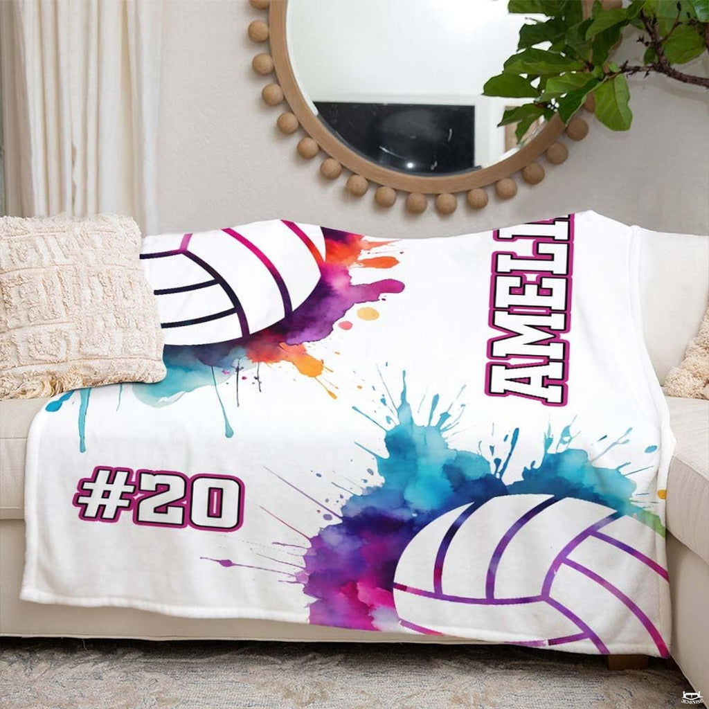 Bright guest room decor accented with artistic volleyball illustration and lively watercolor splash palette.