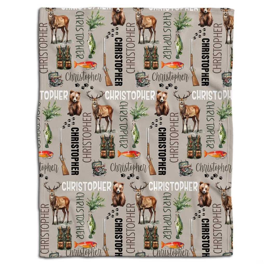 Fishing theme bedding set featuring freshwater bass, tackle box, and fishing rod artwork on tan background.
