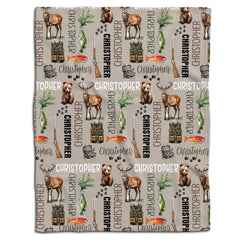 Fishing theme bedding set featuring freshwater bass, tackle box, and fishing rod artwork on tan background.