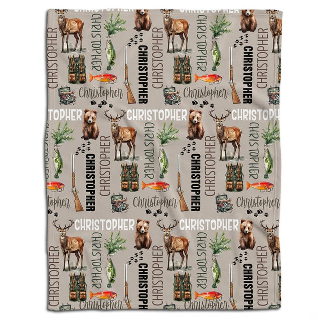 Fishing theme bedding set featuring freshwater bass, tackle box, and fishing rod artwork on tan background.