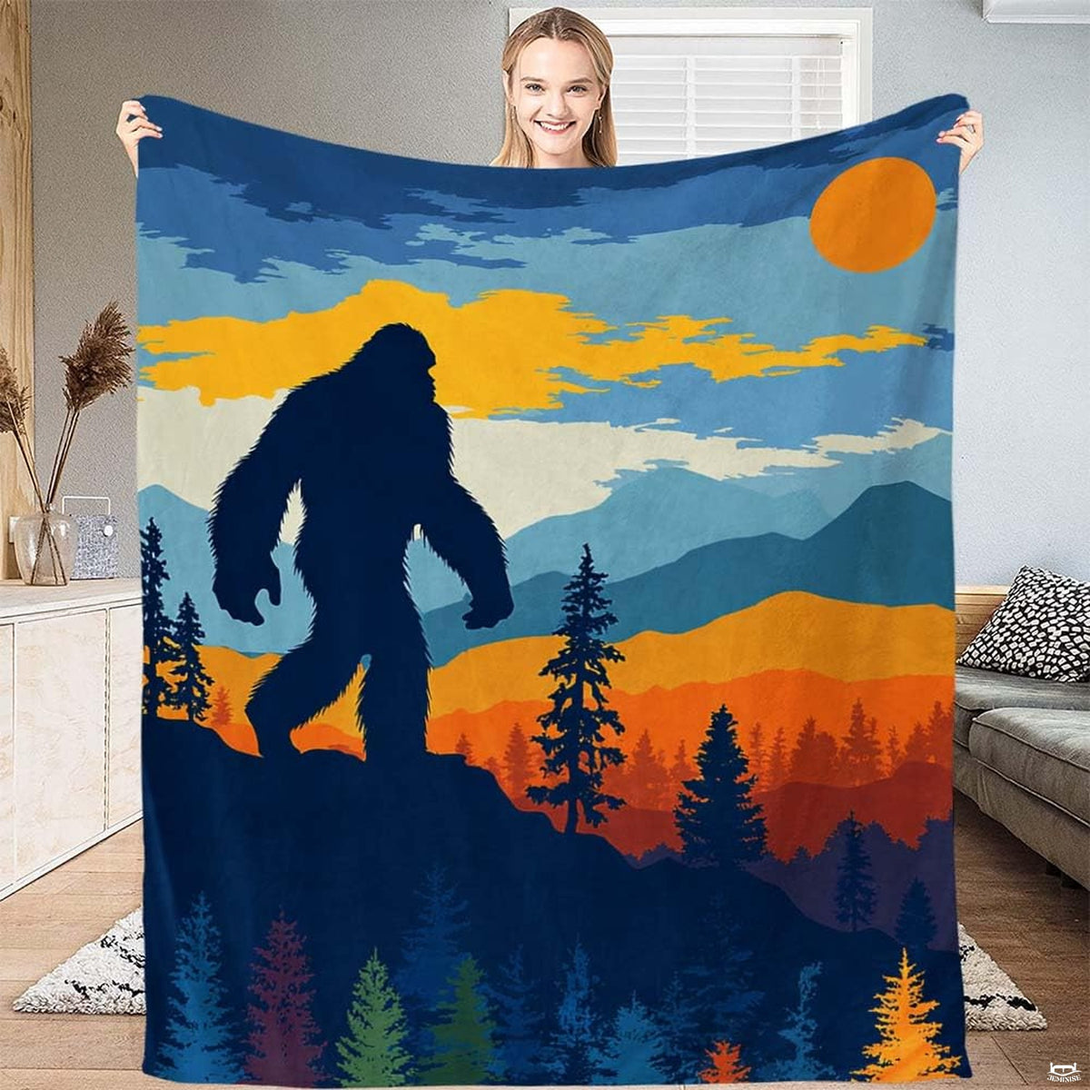 Wilderness bedding featuring Bigfoot silhouette among pine trees and mountains under an orange sunset.