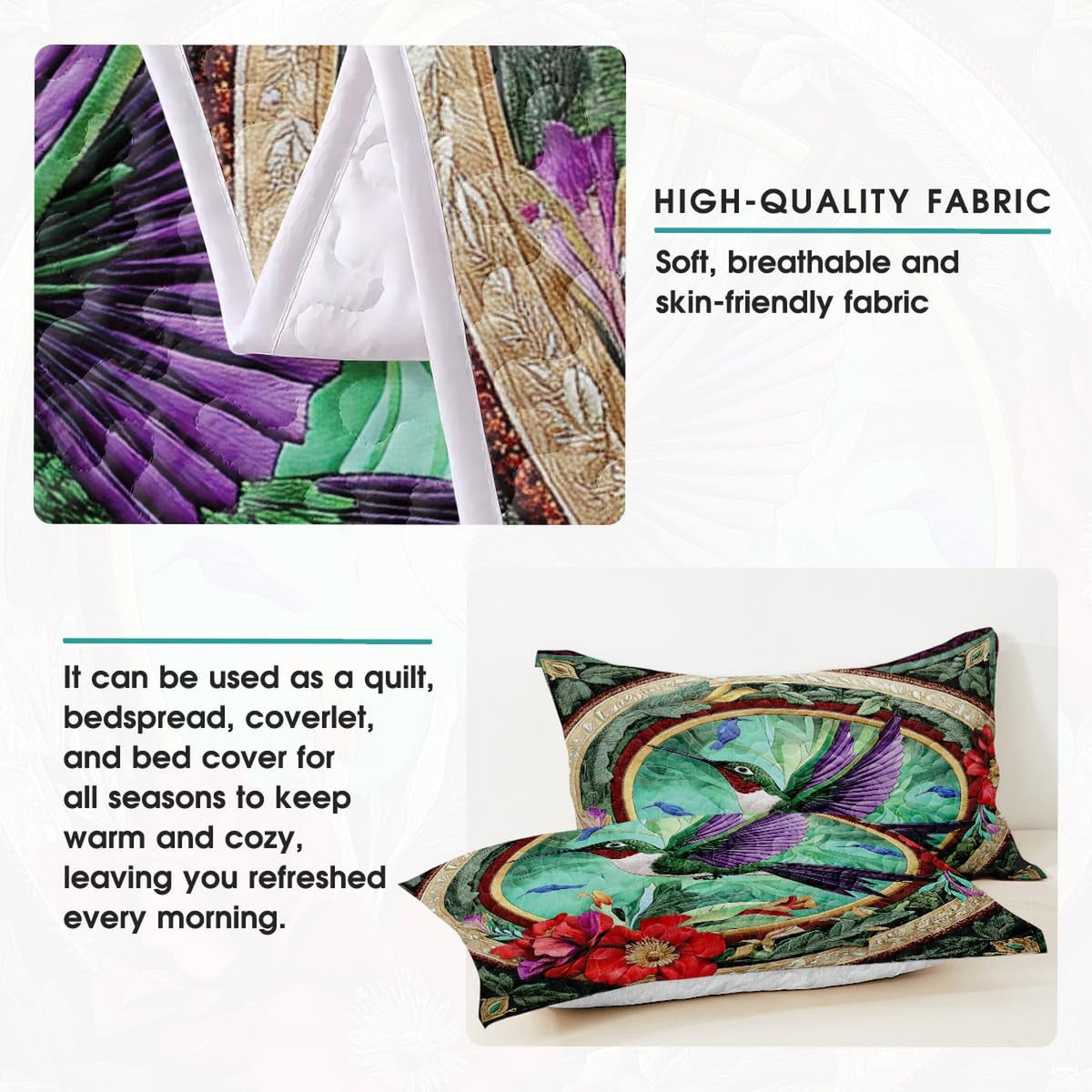 Close view of ornate hummingbird artwork and coordinating pillow panels
