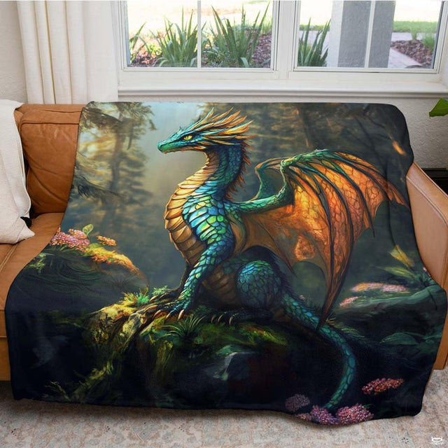 Close view of iridescent dragon scales and golden winged membranes on majestic woodland fantasy bedding.