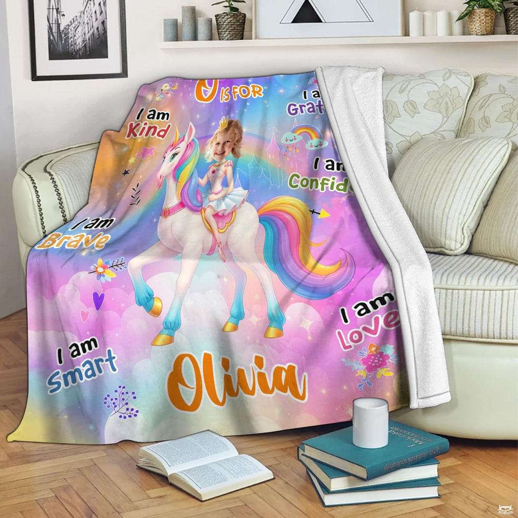 Magical unicorn princess graphic blanket draped across sofa