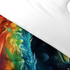 High-angle view of mythical dragon galaxy bedding showing rich cyan, bronze, and midnight tones across the bed.