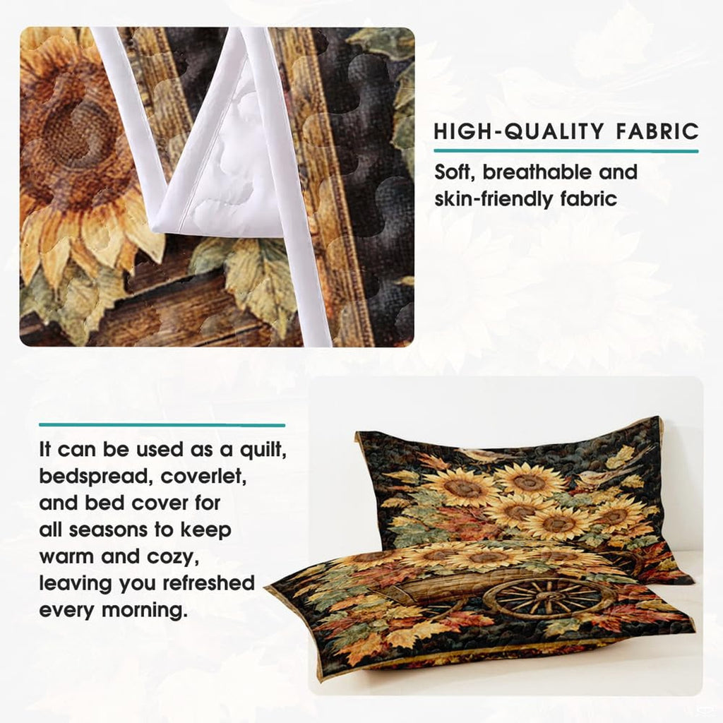 High-angle view of autumn leaf bedding set showcasing balanced geometric patchwork tiles and foliage motifs across bed.
