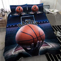 Basketball grip stadium arena sports bedding featuring an athlete holding an orange basketball on a bed