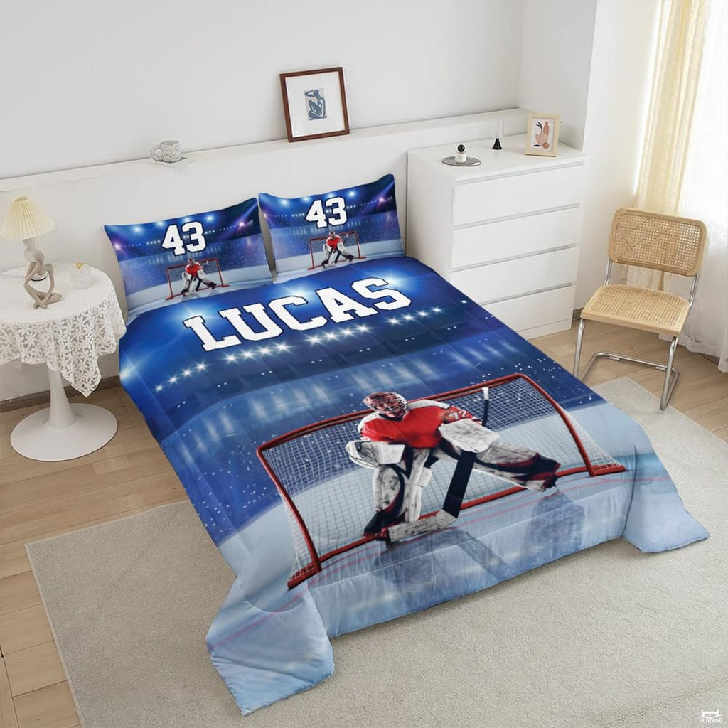 Close-up perspective of hockey bedding highlighting goalie silhouette, ice spray effects, and equipment graphics