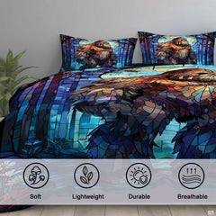 High-angle view of bigfoot graphic bedding showing rich turquoise, burgundy, and navy tones across bed.