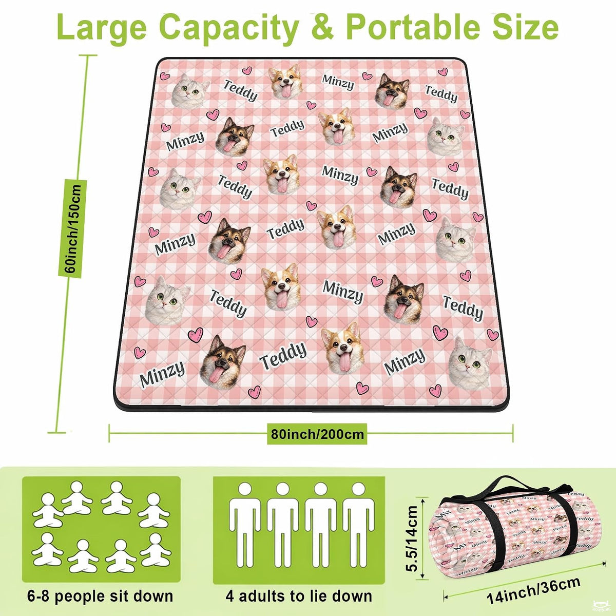 Cute smiling corgi, shepherd dog, and silver cat portraits on pink gingham, view 3.