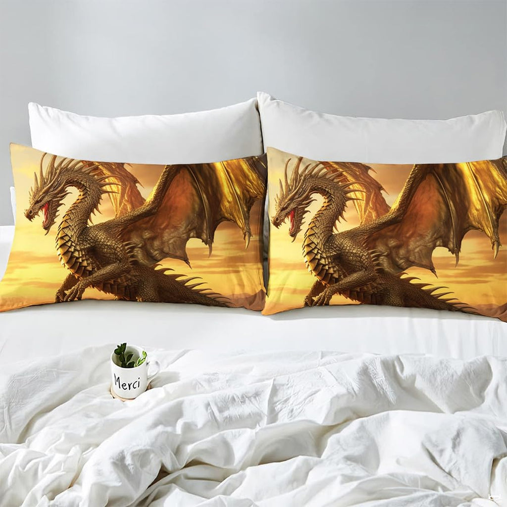 Close-up detail of dragon fantasy bedding highlighting vibrant golden amber wings and deep espresso contrast.