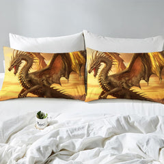 Close-up detail of dragon fantasy bedding highlighting vibrant golden amber wings and deep espresso contrast.